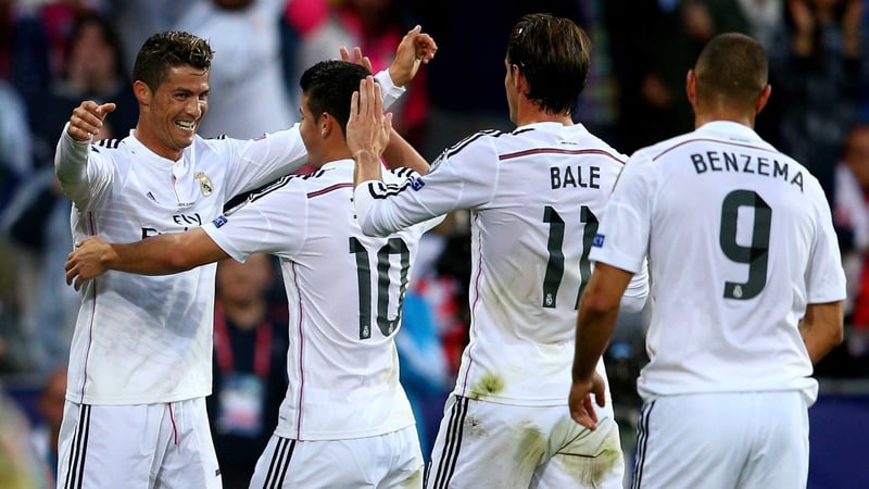 Cristiano Ronaldo (left) celebrates with team-mates James Rodriguez, Gareth Bale and Karim Benzema after scoring the opening goal