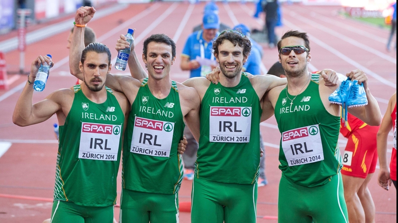 Thomas Barr (2nd L) celebrates with his relay team-mates in Zurich last year