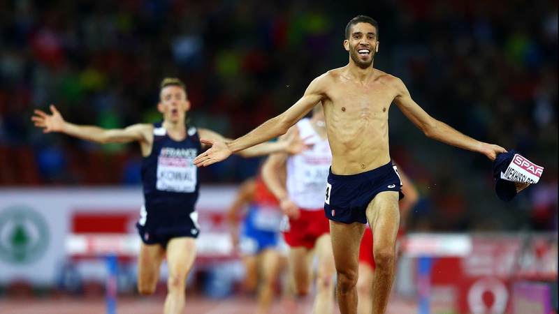 France's Mahiedine Mekhissi-Benabbad strips off as he celebrates his gold medal performance in the 3,000m steeplechase at the European Athletics Championships in Zurich