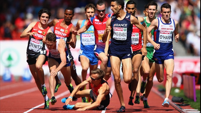 Florian Orth falls in the 1,500m final at the European Athletics Championships in Zurich