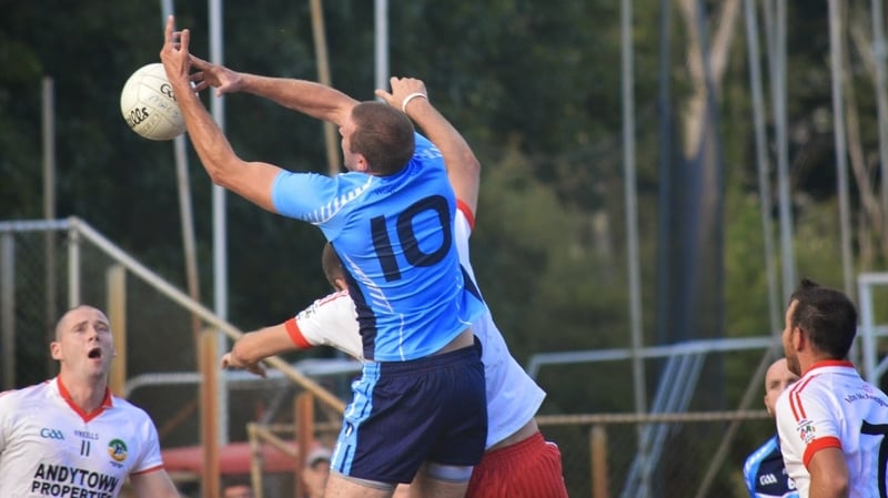 Charles McCarthy of Wolfe Tones rises highest during the Boston SFC semi-final clash against Aidan McAnespie's (Pic: Rory O'Donnell)