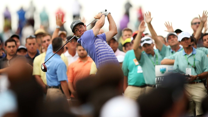 Rory McIlroy plays his shot from the 13th tee during the second round of The Barclays
