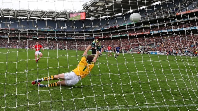Cillian O'Connor smashes a penalty home for Mayo