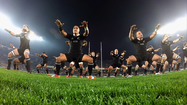 The All Blacks perform the Haka ahead of their Rugby Championship match against Australia in Auckland