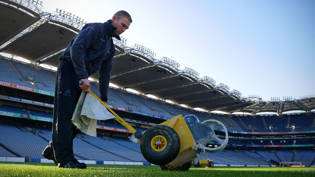Groundsman Padhraic Greene preparing the pitch markings ahead of the games