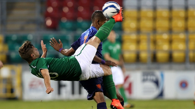 Eoghan Stokes attempts an overhead kick during the Republic of Ireland Under-19s friendly win over the Netherlands at Tallaght Stadium