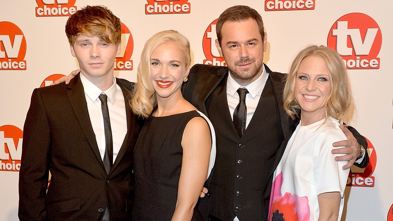 Danny Dyer (second right) with screen family (l to r) Sam Strike, Maddy Hill and Kellie Bright