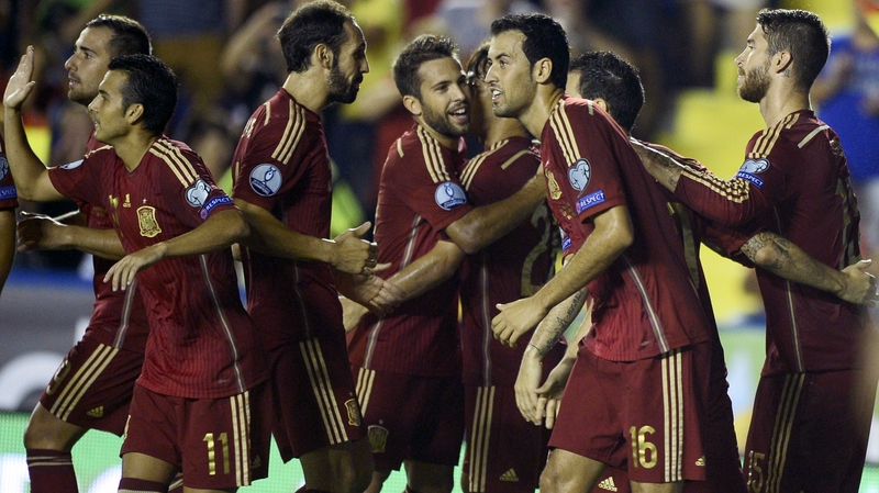Sergio Ramos (right) celebrates his goal against Macedonia