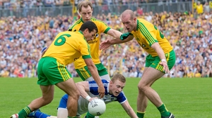 20 July - Monaghan's Colin Walshe is surrounded by Anthony Thompson, Neil Gallagher and Frank McGlynn in the Ulster final