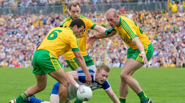 20 July - Monaghan's Colin Walshe is surrounded by Anthony Thompson, Neil Gallagher and Frank McGlynn in the Ulster final