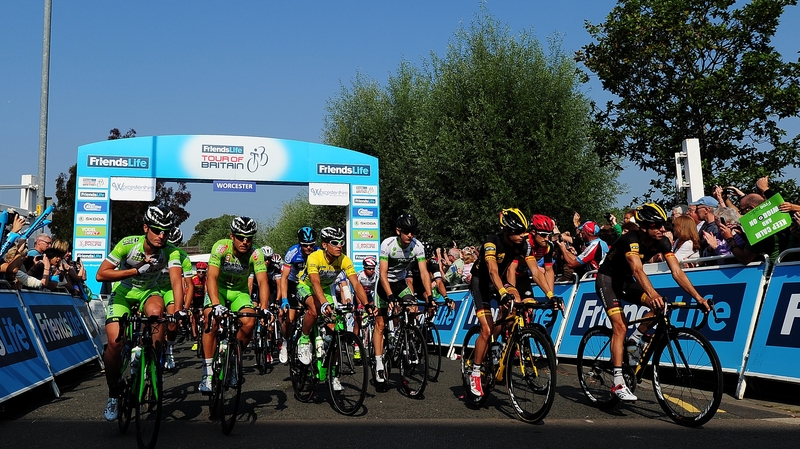 The peloton leave the start of stage four of the 2014 Tour of Britain from Worcester to Bristol