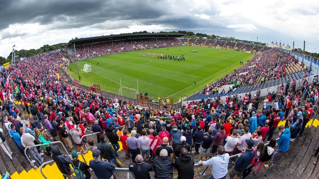 6 July - Kerry and Cork players in the parade before the last Munster football final to be played at Páirc Uí Chaoimh before redevelopment