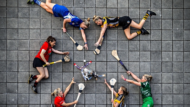 The captains of the senior, intermediate and junior camogie finalists pose for a photo at Croke Park