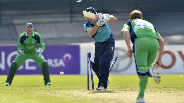 Scotland's Hamish Gardiner is bowled by Craig Young of Ireland during the first one-day international in Malahide