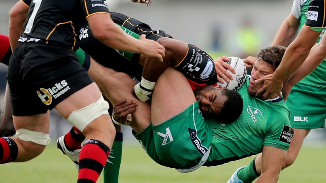 Dragons’ Aled Brew tackles Danie Poolman of Connacht during their Pro12 tie at the Sportsground