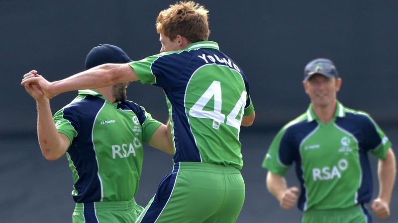 Ireland's Craig Young celebrates after bowling Scotland's Calum MacLeod
