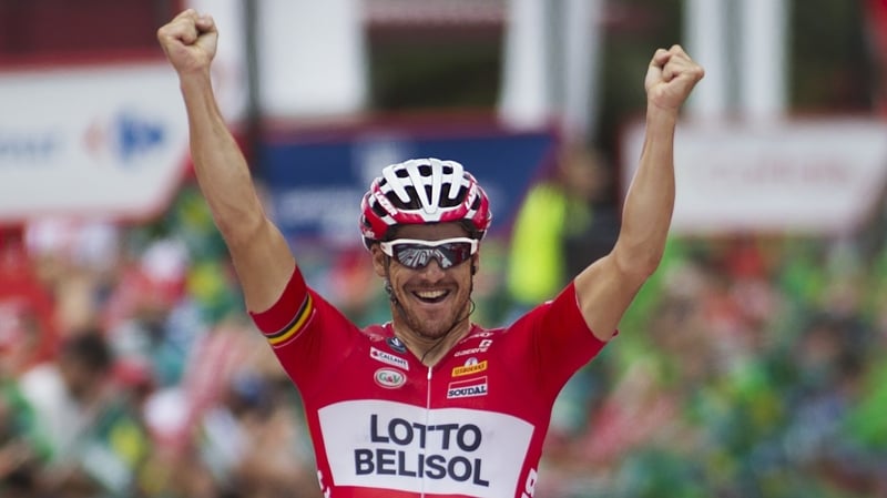 Australian cyclist Adam Hansen celebrates as he crosses the finish line