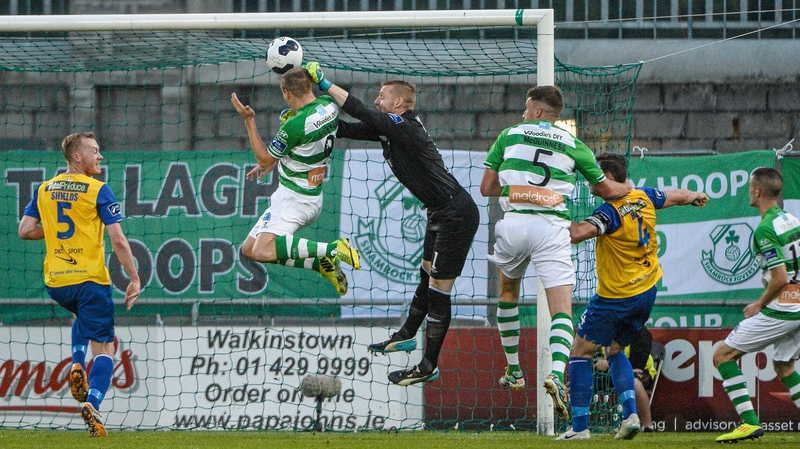 Shamrock Rovers' Karl Sheppard beats Dundalk goalkeeper Peter Cherrie to the ball and heads home, only for the referee to rule out his effort for offside