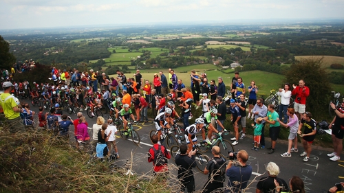 Marcel Kittel of Germany and Team Ginat-Shimano lead a group of riders up Ditchling Beacon