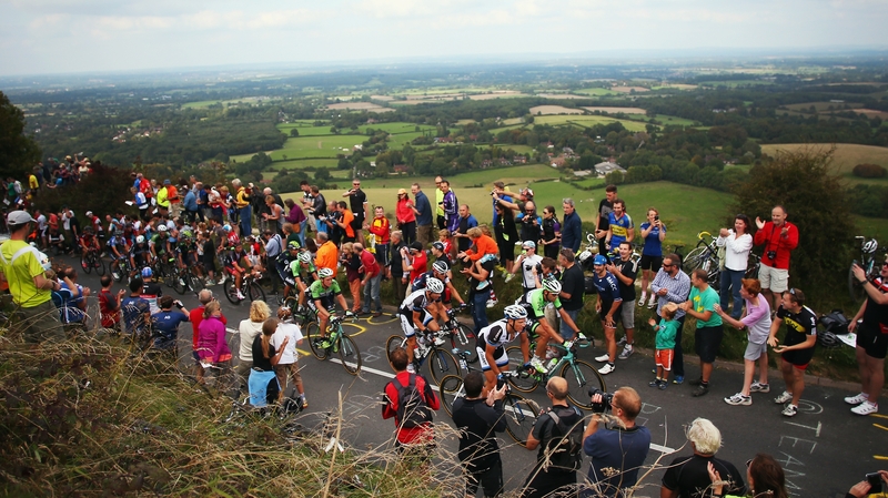 Marcel Kittel of Germany and Team Ginat-Shimano lead a group of riders up Ditchling Beacon