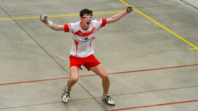 Johnny Woods of Tyrone celebrates after winning the Minor handball title at Abbeylara