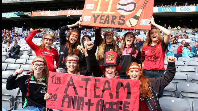 Down fans cheer on their team ahead of the junior premier camogie final against Laois at Croke Park