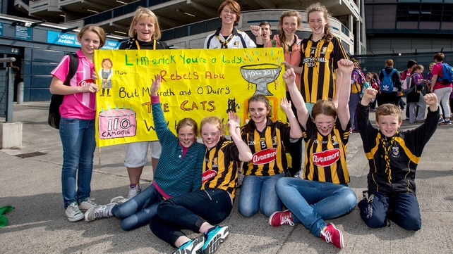 Back at Croke Park, Kilkenny fans from the Clara Club show off their banner ahead of the game