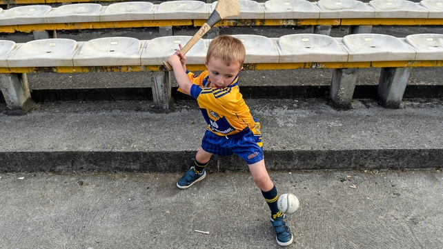 Five-year-old Clare supporter Caoimhin Shannon practiced his hurling skills before the U21 A hurling final