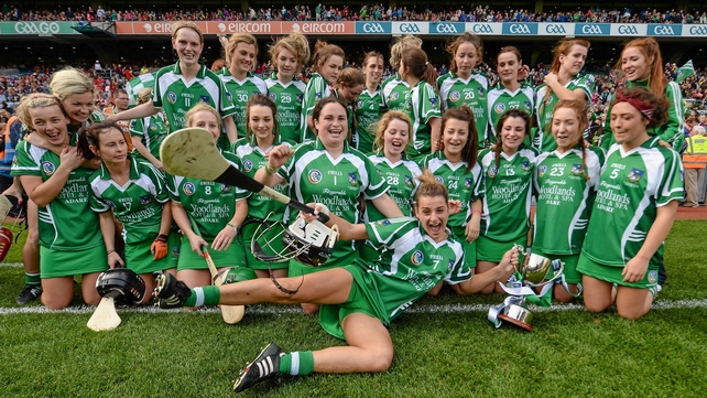 Claire Mulcahy of Limerick dive-bombs the celebrations with her team-mates