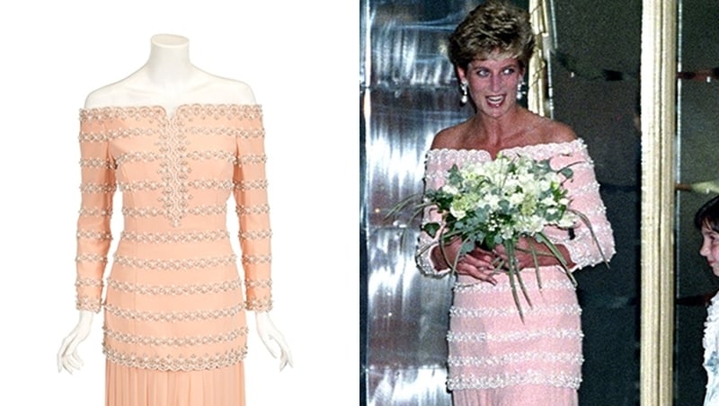 The first is an off-the-shoulder petal pink gown embellished with bands of simulated pearls