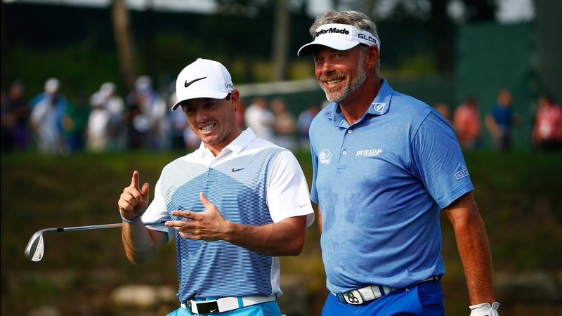 Rory McIlroy and Darren Clarke pictured during practice at the PGA Championship at Valhalla