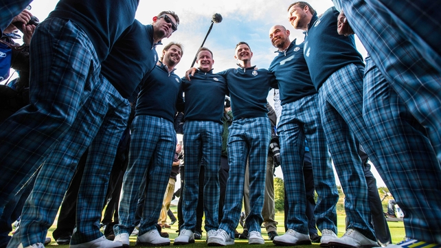 The European Ryder Cup team during a huddle after the team photograph on Tuesday