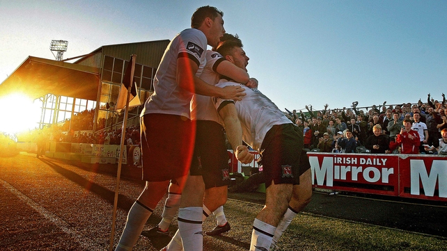 Patrick Hoban of Dundalk celebrates scoing his side's third goal with team-mates in the EA Sports Cup final on Saturday