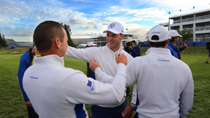 Sergio Garcia, Martin Kaymer and Rory McIlroy celebrate a memorable afternoon session