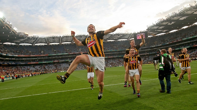 JJ Delaney jumps for joy in front of Hill 16