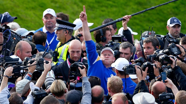 Jamie Donaldson celebrates on the 15th after securing the point Europe needed to win the Ryder Cup