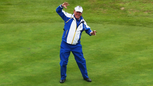 Europe team vice captain Miguel Angel Jimenez gestures to the crowd on the 1st tee