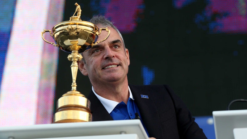 Paul McGinley with the Ryder Cup trophy after watching his side romp to victory at Gleneagles