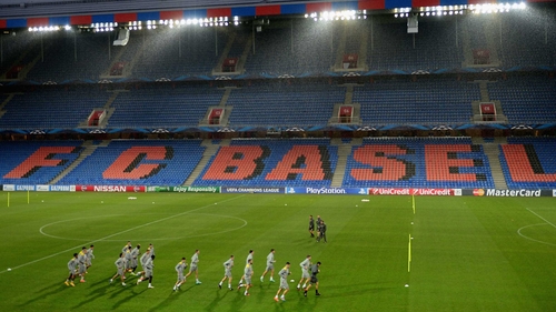 Liverpool players train at St Jakob-Park stadium ahead of the game