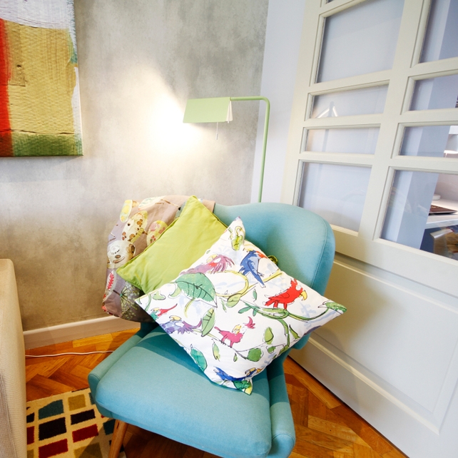 Armchair: Teal Arne Chair, €500 approx www.bluesuntree.co.uk/
Cushions: Plain colour cushions €42 each and Quentin Blake Cockatoos €59.50 each both from www.ryleandcompany.com
Paint: Sliding Doors Dulux Diamond Eggshell – Mid Fennel from Signature Colle