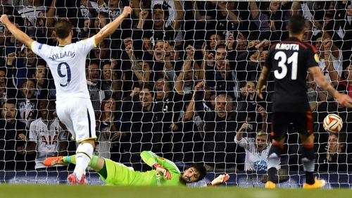 Roberto Soldado celebrates as Harry Kane (not pictured) scores