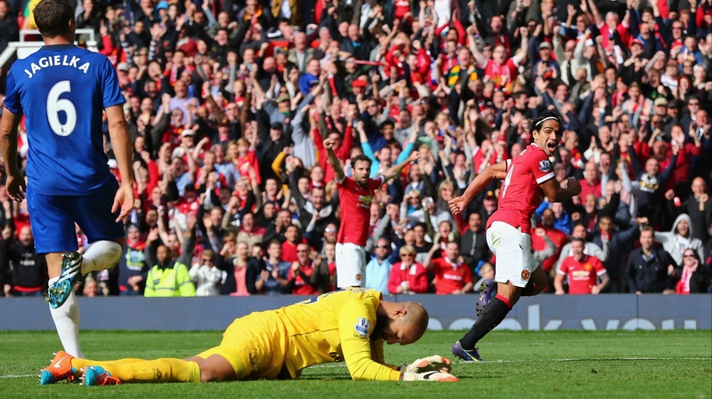 Radamel Falcao wheels away in delight after scoring United's winner