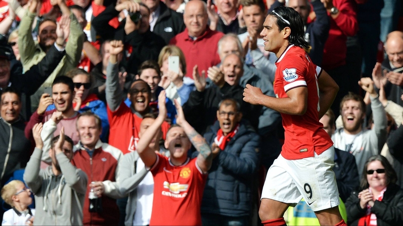 Radamel Falcao celebrates scoring his first goal for Manchester United