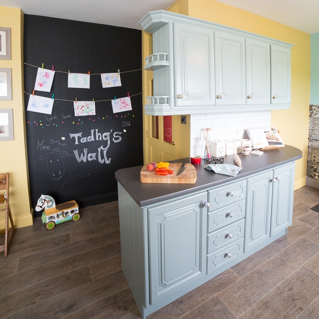 Cabinet Paint – Upper Units - Mid Peridot – Diamond Eggshell – 2.5L €40.99
Lower Units - Pure Jute – Diamond Eggshell – 2.5L €40.99	
Vinyl Floor – Timber Plank Vinyl, Legacy Oak 057 – €19 psm www.stakelums.ie