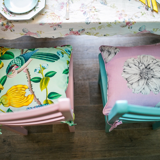 Cushion Fabric: Serendip (green) €127 per meter, www.ryleandcompany.ie
Cushion Fabric: Isabelle (pink) €114 per meter, www.ryleandcompany.ie