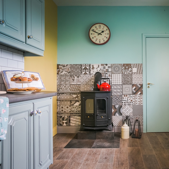 Tiles- Tapas Patchwork Pattern in Grey - € 36.94 psm – www.armatile.com 
Clock, €125.95, www.avoca.ie