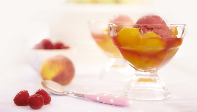 Poached Peaches with Raspberry Sherbet: Rachel Allen