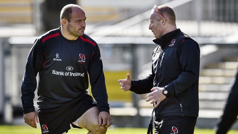 Neil Doak (R) talks with Rory Best at Kingspan Stadium