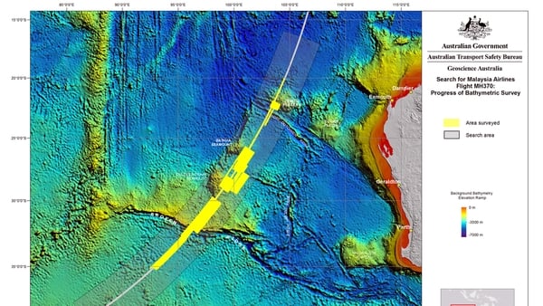 The search area and ocean floor in the Indian Ocean off Western Australia