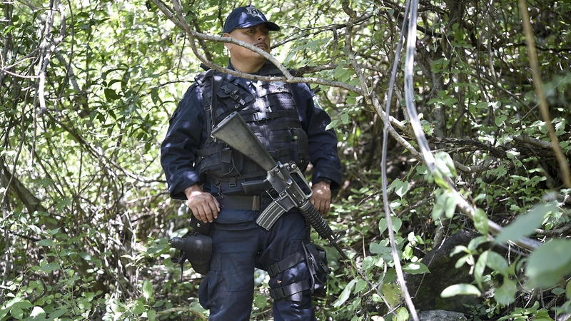 A police officer stands guard at a mass grave found near Iguala